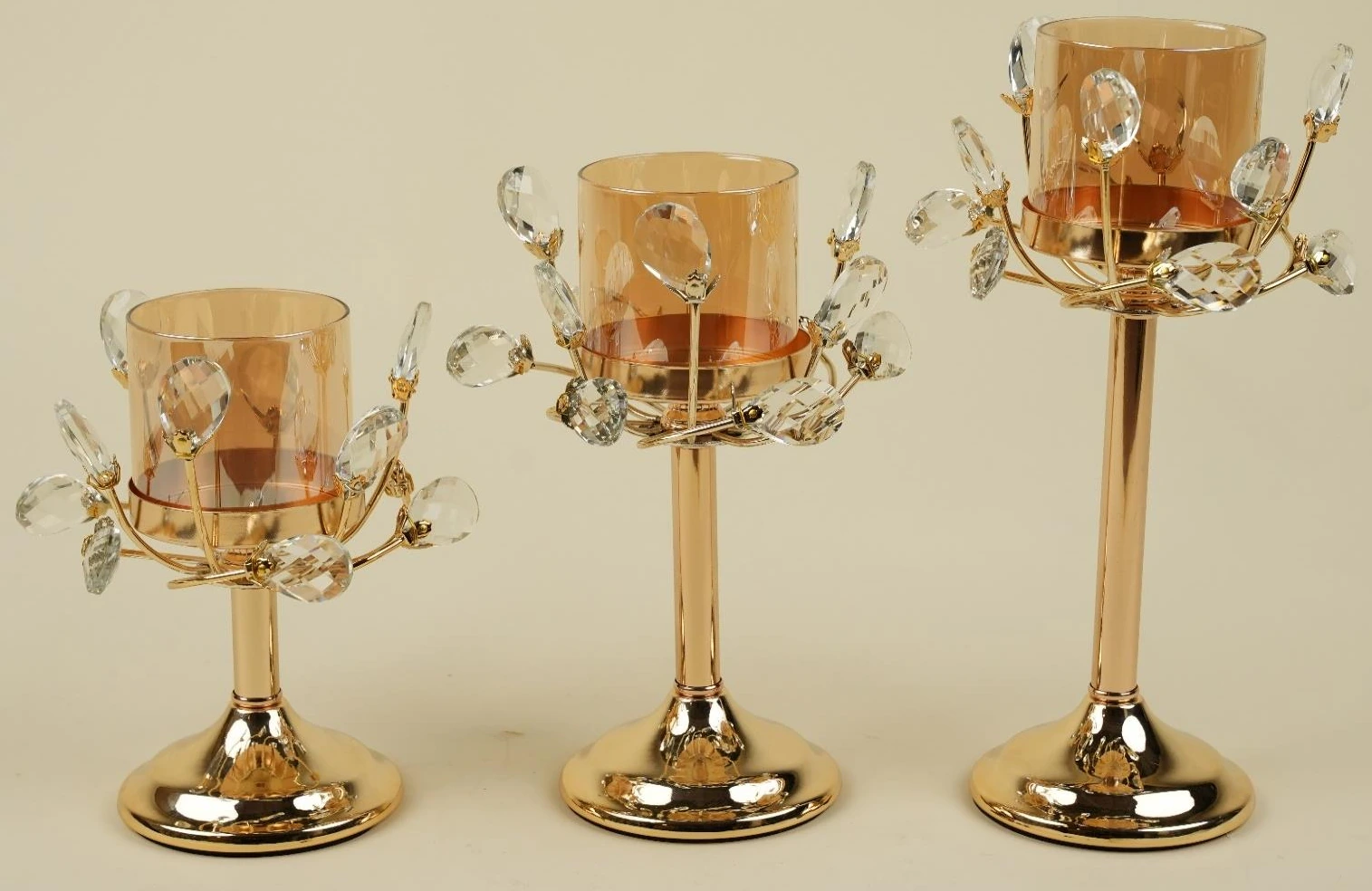 Small Cylindrical Shape Candle Holder With Crystal Set Of 3